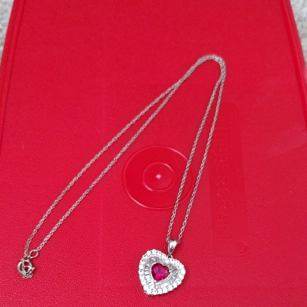 Silver Heart Pendant Necklace with Red Gemstone